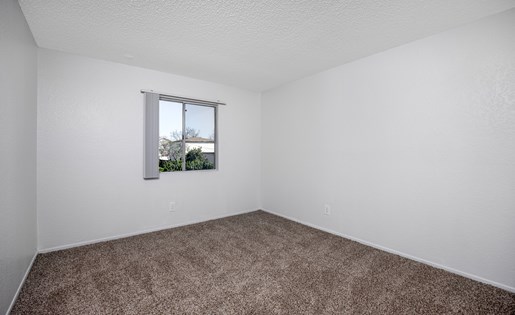 A room with a carpeted floor and a window.